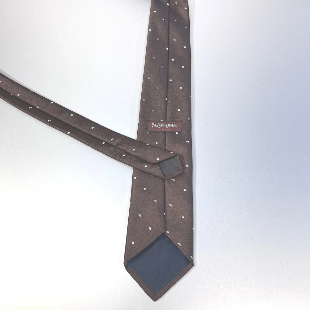 Yves Saint Laurent Mens Silk Tie Brown Floral Monogram Logo Necktie vintage YSL